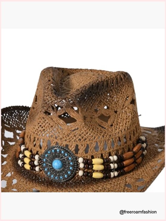 Straw Cowboy Hat Wide Brim Western Summer Sun Hat Breathable Lightweight main image 4